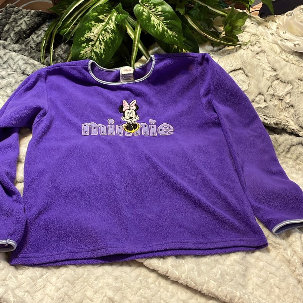 💜 DISNEY MINNIE W BLING FLEECE LONG SLEEVE PURPLE PULLOVER TOP SIZE L (14) GUC